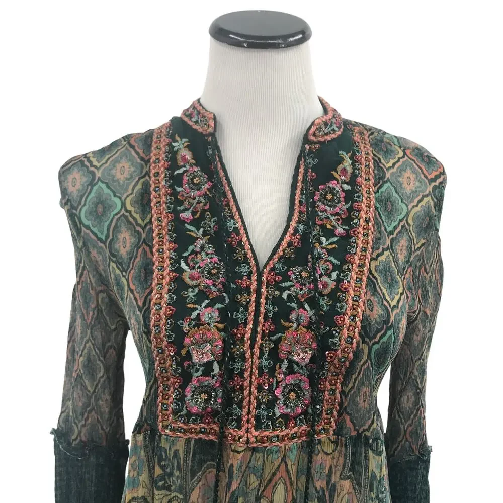 Soft Surroundings Shira Green Embroidered Tassel Neck Top